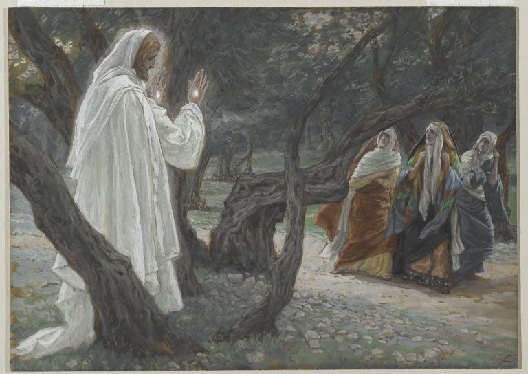 James Tissot (Nantes, France, 1836–1902, Chenecey-Buillon, France). Jesus Appears to the Holy Women (Apparition de Jésus aux saintes femmes), 1886-1894. Opaque watercolor over graphite on gray wove paper, Image: 7 13/16 x 10 7/8 in. (19.8 x 27.6 cm). Brooklyn Museum, Purchased by public subscription, 00.159.337 (Photo: Brooklyn Museum, 00.159.337_PS2.jpg)